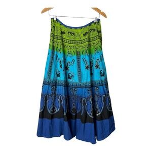 Jasmine‎ India Cotton Skirt Blue Green Paisley Sequin Hippie Boho Size Small